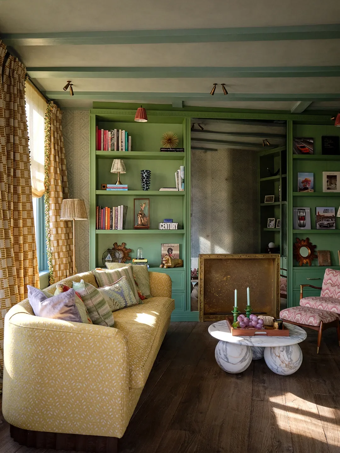 Armchair and coffee table,Soho Home; Paint,Breakfast Room Greenby Farrow & Ball; Curtains,Fermoie.