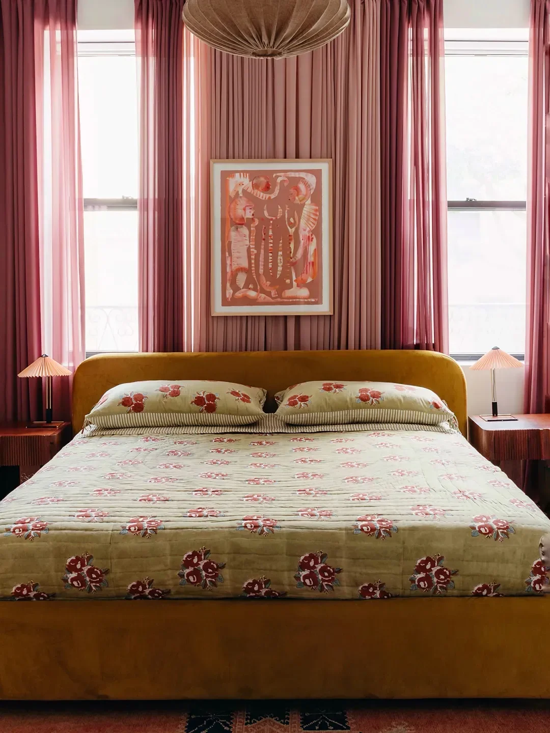 floral bedding with pink curtians