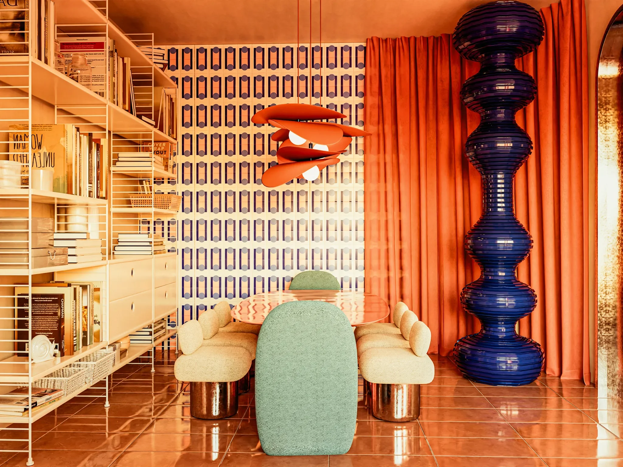 Turkish architect and interior designer Irem Erekinci created this retro café concept for a client in Korea. The patterned wall makes such a statement, but it's the custom cobalt blue sculpture that's