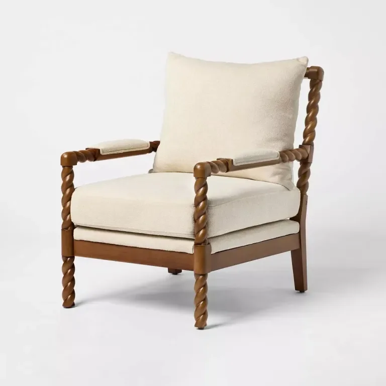 cream armchair with braided wood arms