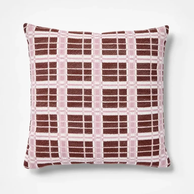 rust red and pink plaid throw pillow