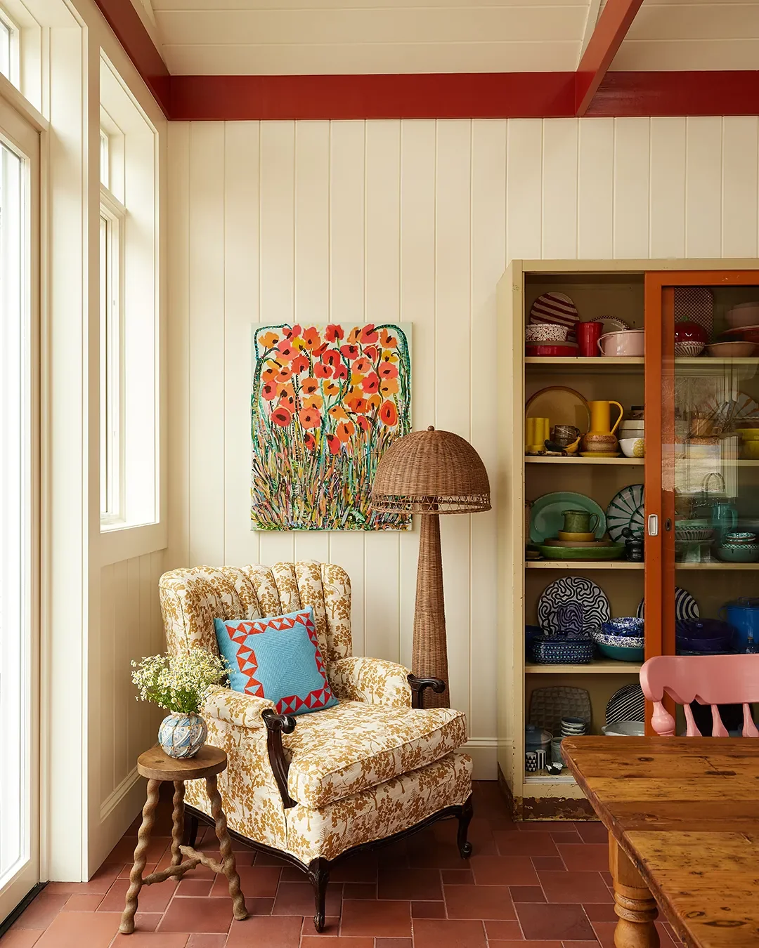 Armchair Fabric,The Lawns; Floor Lamp,Corador; Vintage Stool,Chez Rai via Etsy; Painting byJocelyn UlevicusKATE S JORDAN