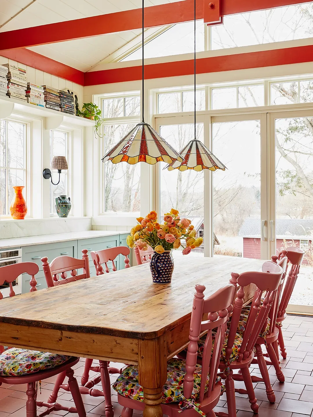 Windows,Pella; Paint (on ceiling supports),Bamboozleby Farrow & Ball; Paint (on chairs),Fruit Foolby Farrow & Ball; Cushion Fabric,Block Shop. KATE S JORDAN