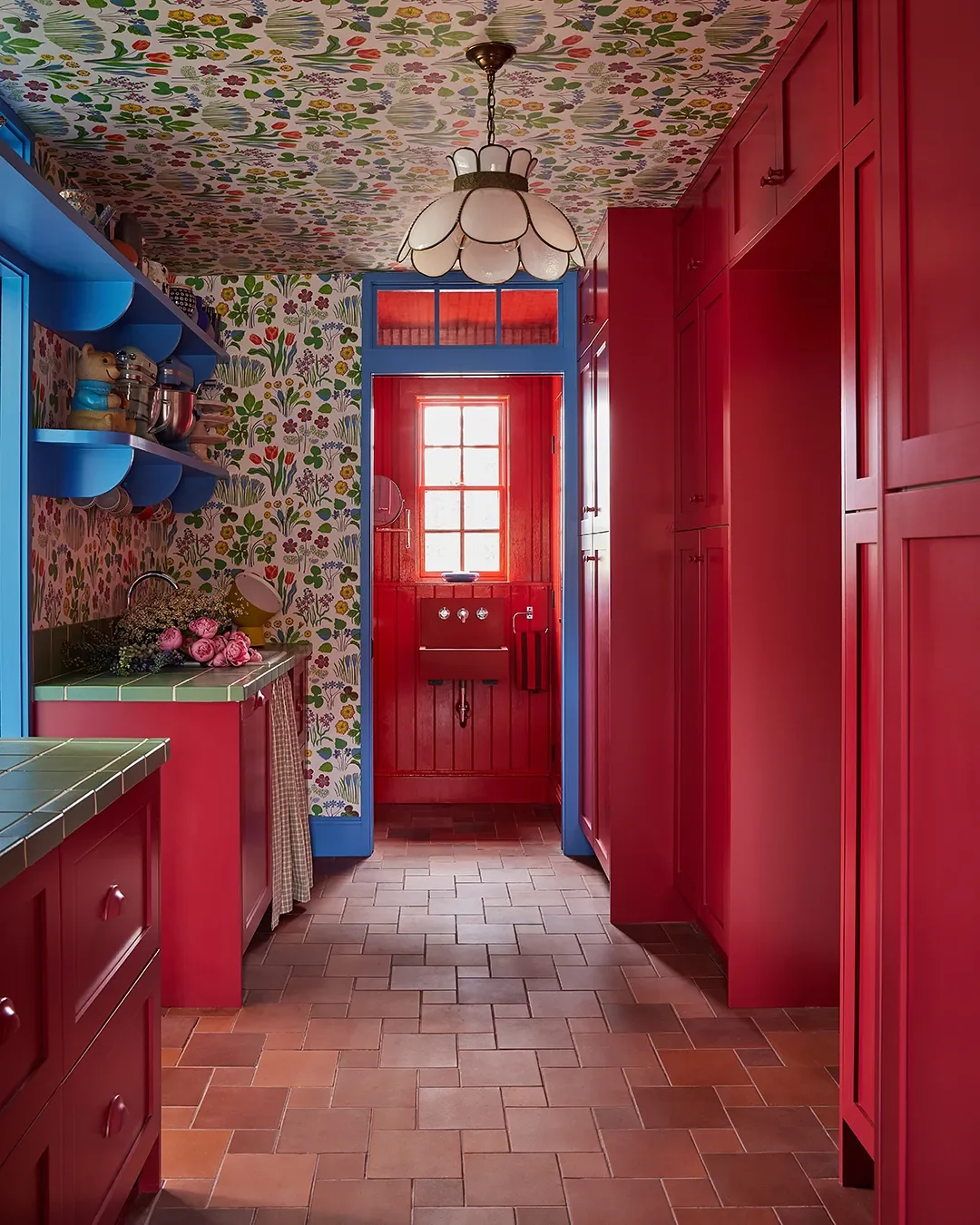 Wallpaper,Svenskt Tenn; Paint (on cabinets),Rectory Redby Farrow & Ball; Paint (on trim),Cook's Blueby Farrow & Ball; Tile (on counters),Fireclay; Hardware,Nice Knobs. KATE S JORDAN