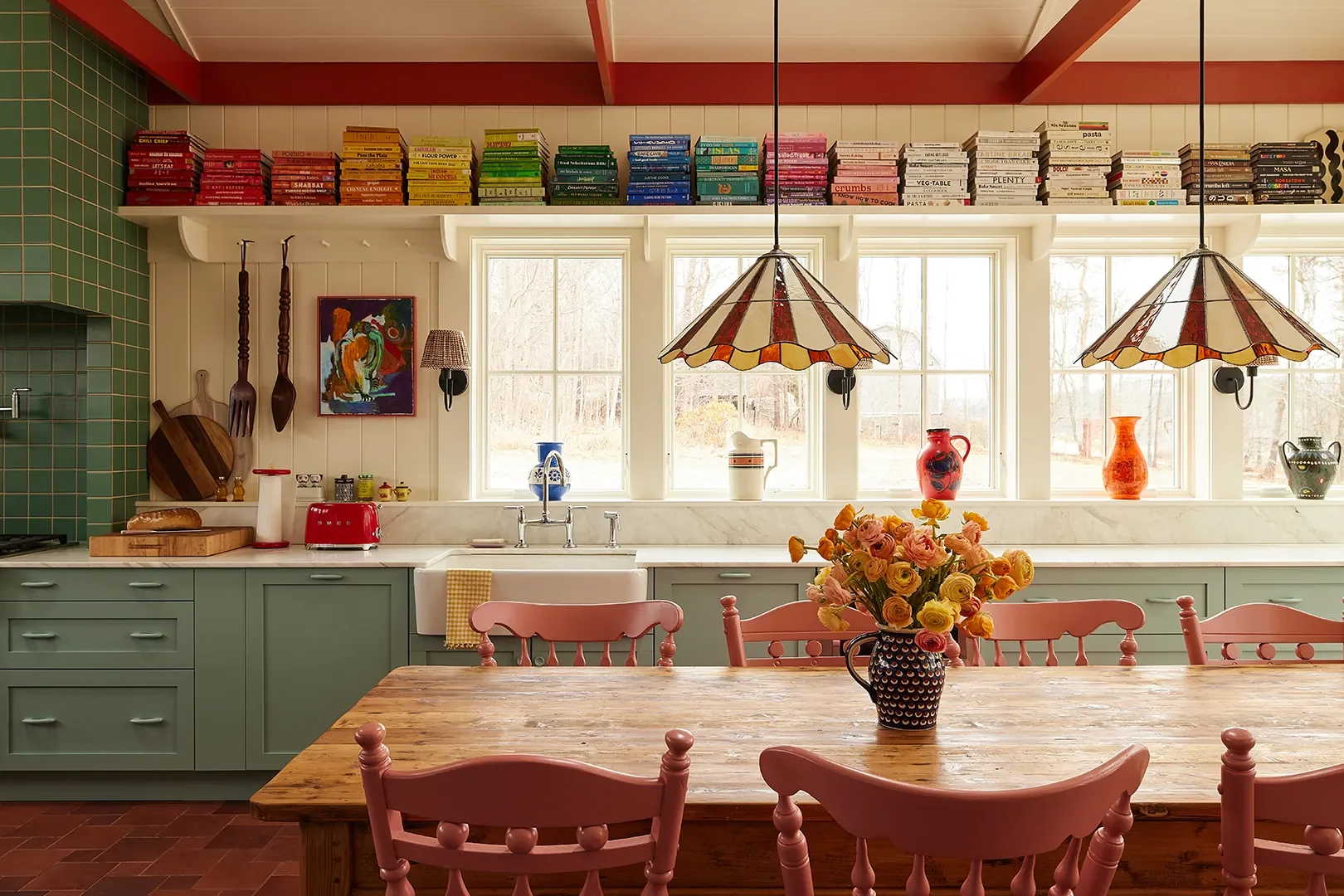 Cabinets,Semihandmade; Paint (on cabinets),Dix Blueby Farrow & Ball; Paint (on walls),White Tieby Farrow & Ball; Counters,Bas Stone; Hardware,Nice Knobs; Faucet,Kohler x Studio McGee; Sconces,Schoolho